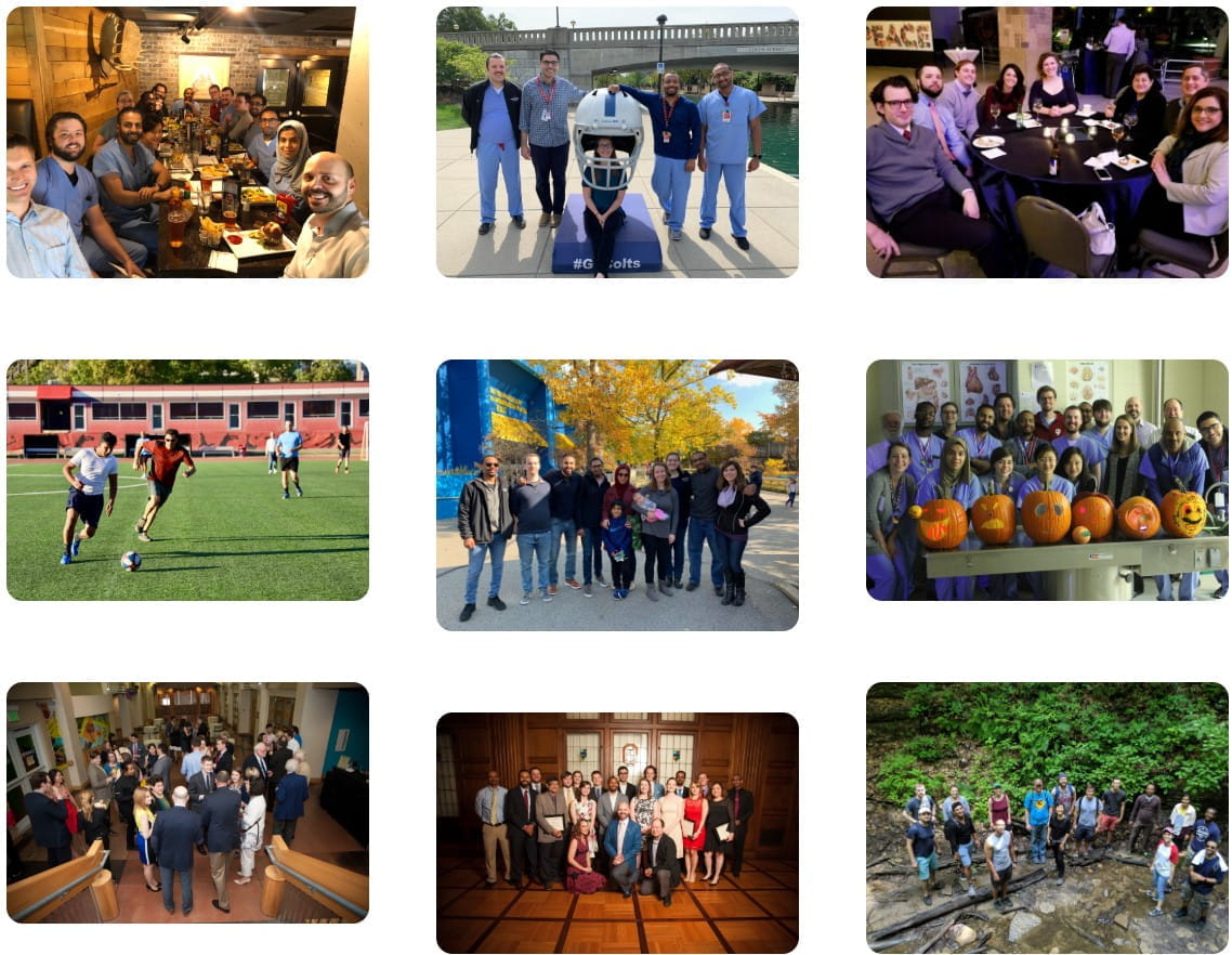 nine images showing groups of people on various outings and social activities in indianapolis, from sports games to hiking to dining at restaurants.