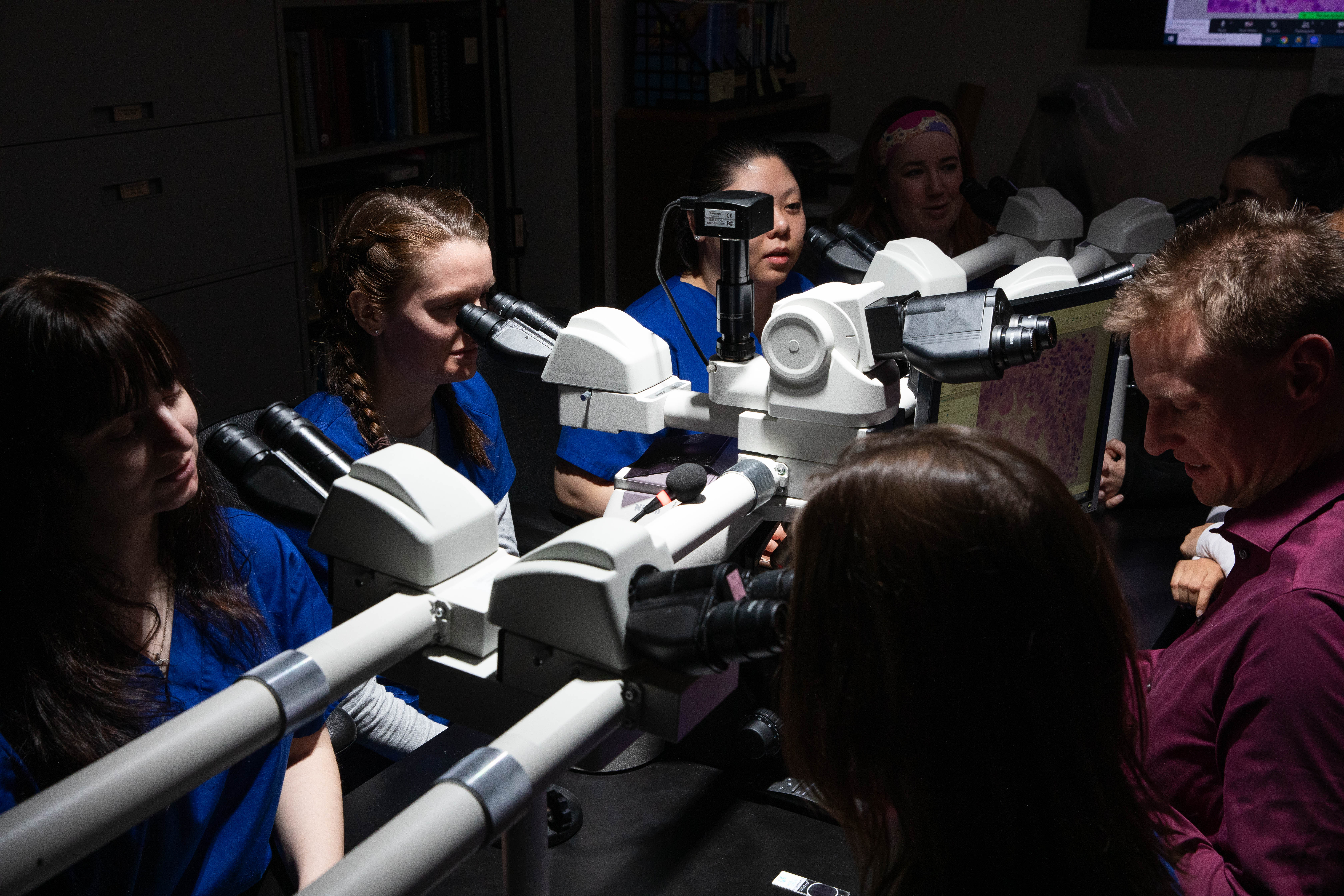 Students sitting at multiheaded scope