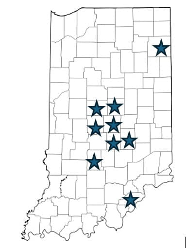 Map of the outline of the state of Indiana showing the 9 counties the American Rescue Plan Act Home and Community Based Services (HCBS) Stabilization Grant dollars from 2022 to 2025 were a part of