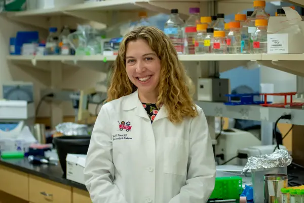 Emily Sims, MD, in her lab at the Wells Center.