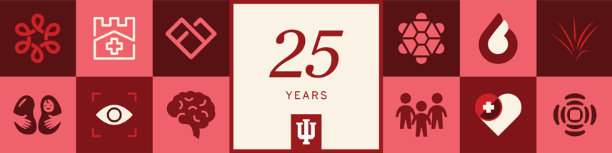 medical icons in reds and pinks surround text reading 25 years in the center of the illustration