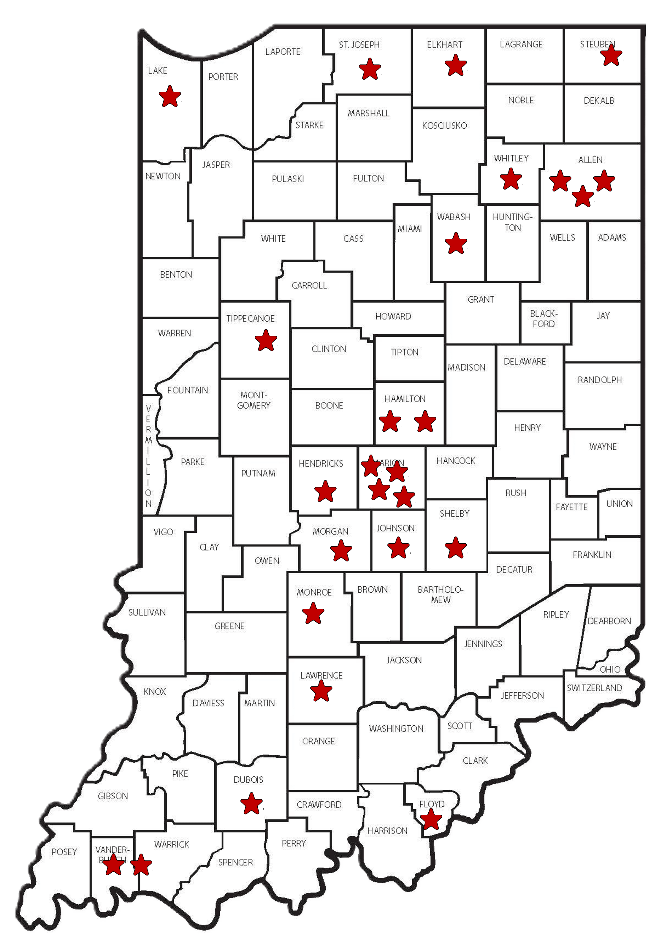 map of the state of indiana with stars marking EAE hub locations