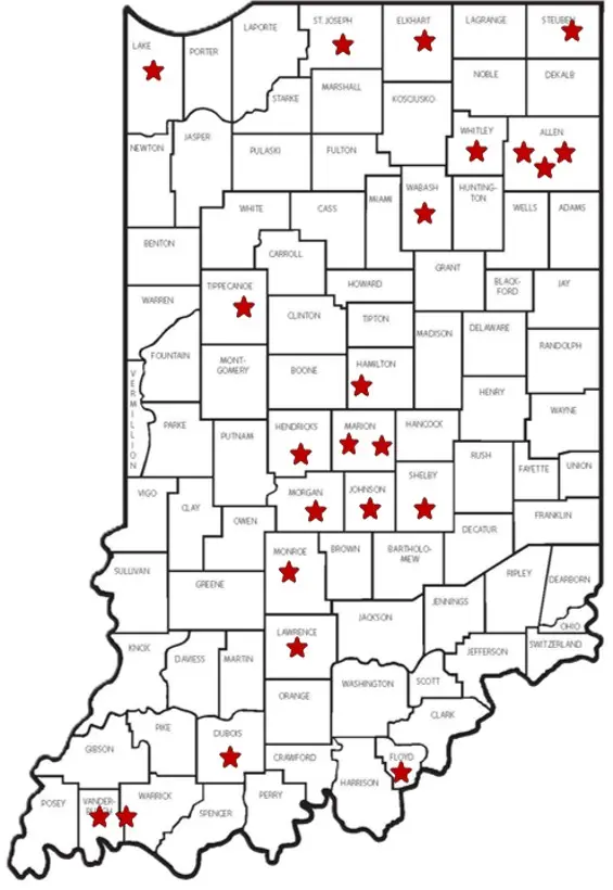 Map of Indiana with red stars indicated cities where EAE hub locations are throughout the state