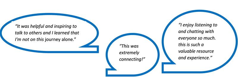 Testimonials from parents: 1. "It was helpful and inspiring to talk to others and I learned I'm not alone on this journey." 2. "this was extremely connecting!" 3. "I enjoy listening to and chatting with everyone so much. this is such a valuable resource and experience."