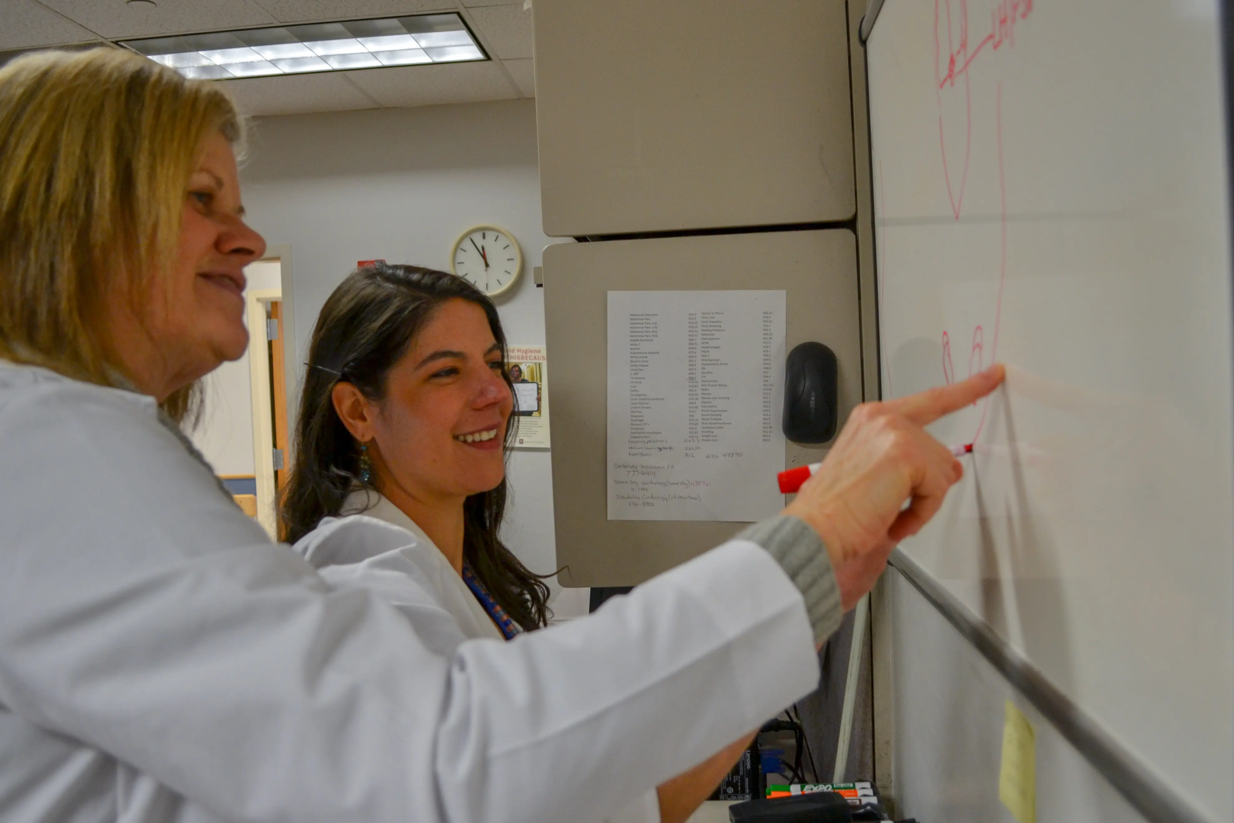 Two physicians work together on a white board