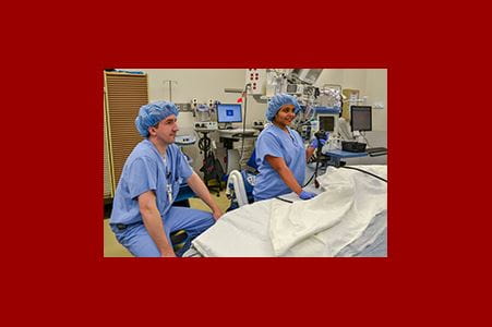 Two gastroenterology doctors perform a procedure in a clinic room.
