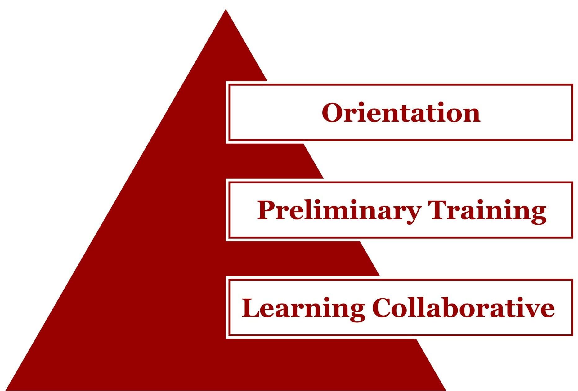 triangle shows curriculum with orientation on the top, preliminary training in the middle, and learning collaborative on the bottom