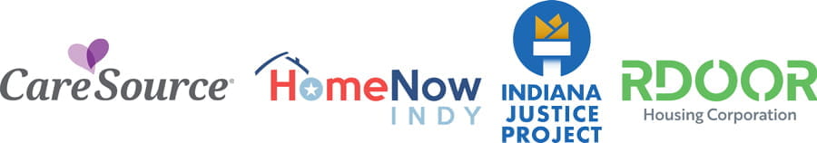 Logos for care source, Home Now Indy, Indiana Justice Project and RDOOR housing corportation