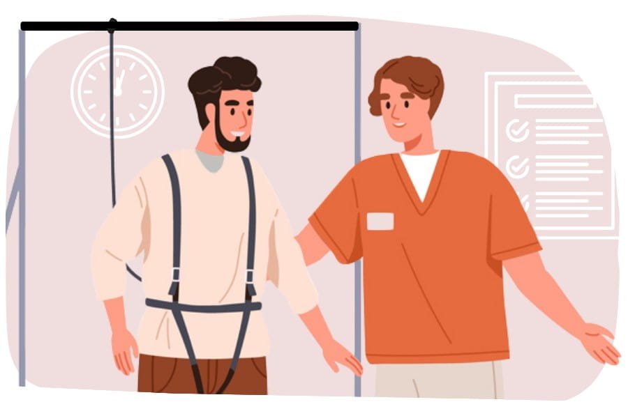 illustration of a therapist working with a patient in supportive equipment to re-learn how to walk