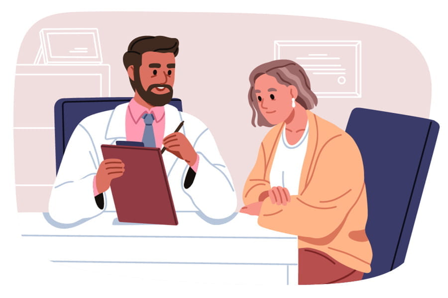 illustration of a doctor and a caregiver discussing a patient care plan