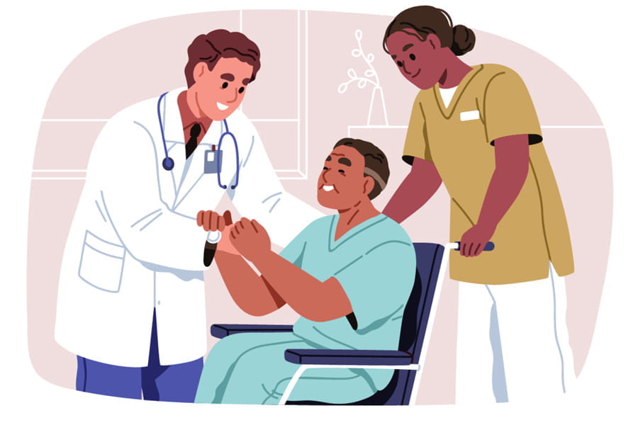 illustration of a doctor clasping the hand of a patient in a wheelchair