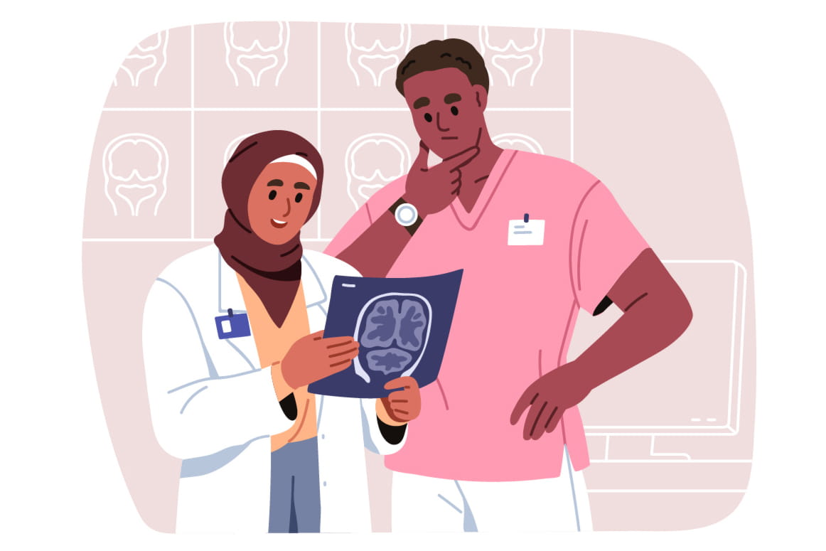 illustration of two health care providers reviewing a brain scan together
