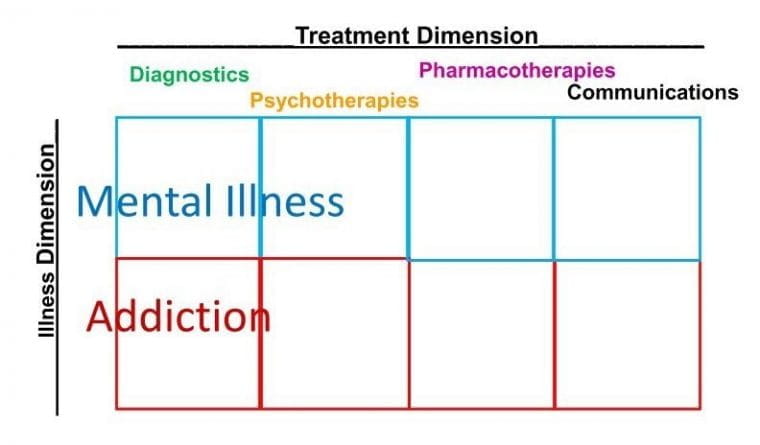 the 2x4 model, showing diagnostics, psychotherapy, pharmacotherapy and communications across the top, intervening with mental illness and addiction on the bottom