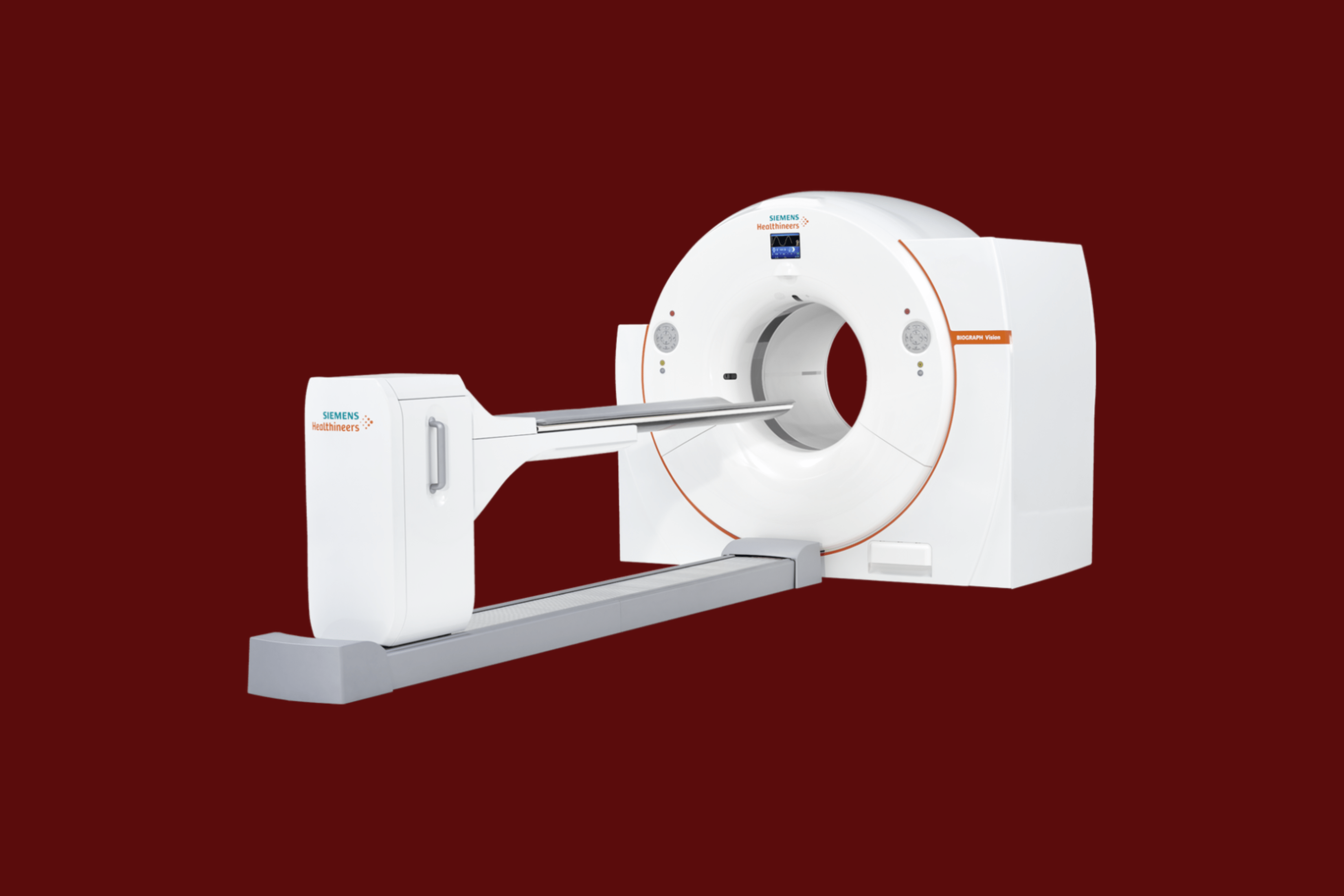 Vector image of the Siemens Vision 600 PET/CT on a dark red background.