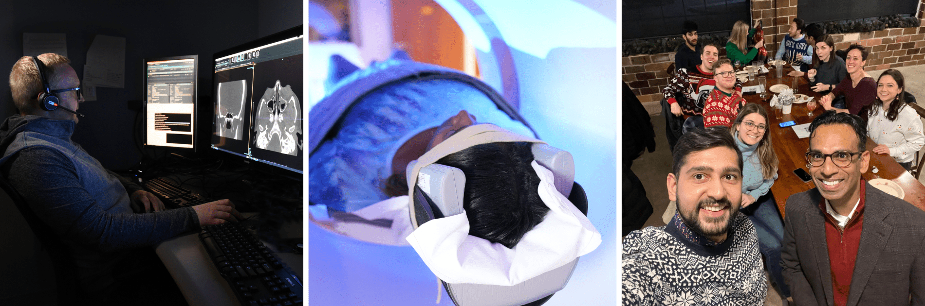 a collage of three photos showing a radiologist reviewing scans, a patient in an MRI machine, and a group of physicians at a social event