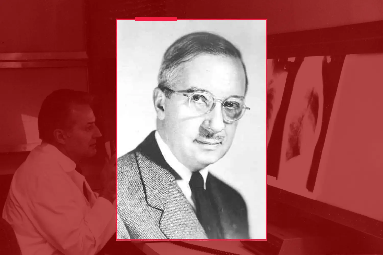 Black and white image of Beeler on a red background.