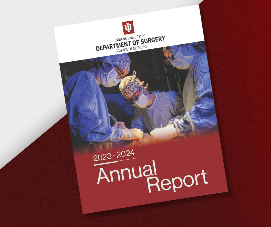 Crimson and limestone split background with front cover of the Department of Surgery's 2023-2024 Annual Report