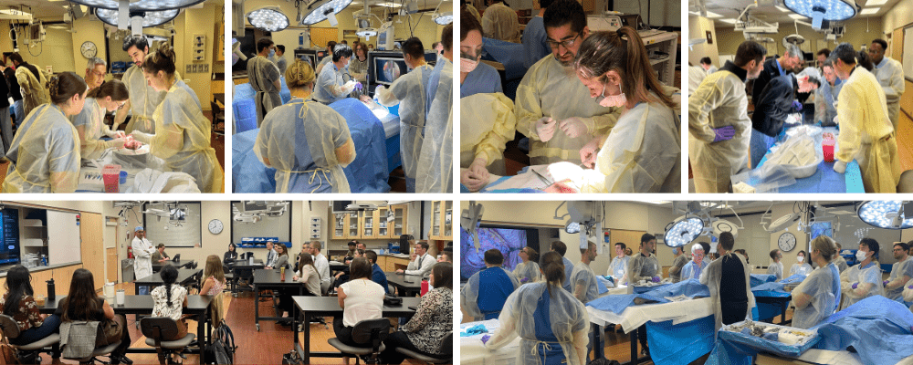 collage of photos showing trainees practicing various surgical skills at tables and operating room beds
