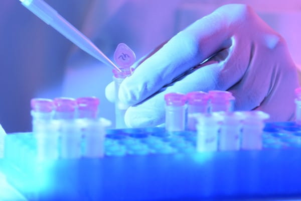 A blue gloved hand holds a testing tube while a pipette injects a sample into the tube.