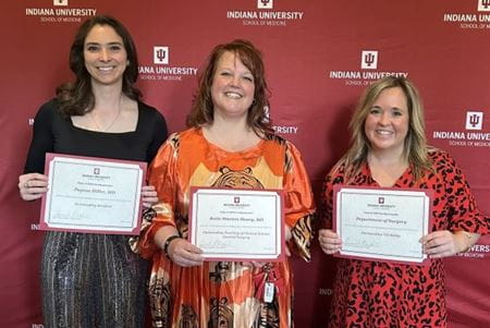 Pictured from left are Payton Miller, Katie Stanton and Megan Rendina. | Photo courtesy Megan Rendina The IU Surgery clerkship team poses with their awards at the annual  IU School of Medicine Awards Celebration.