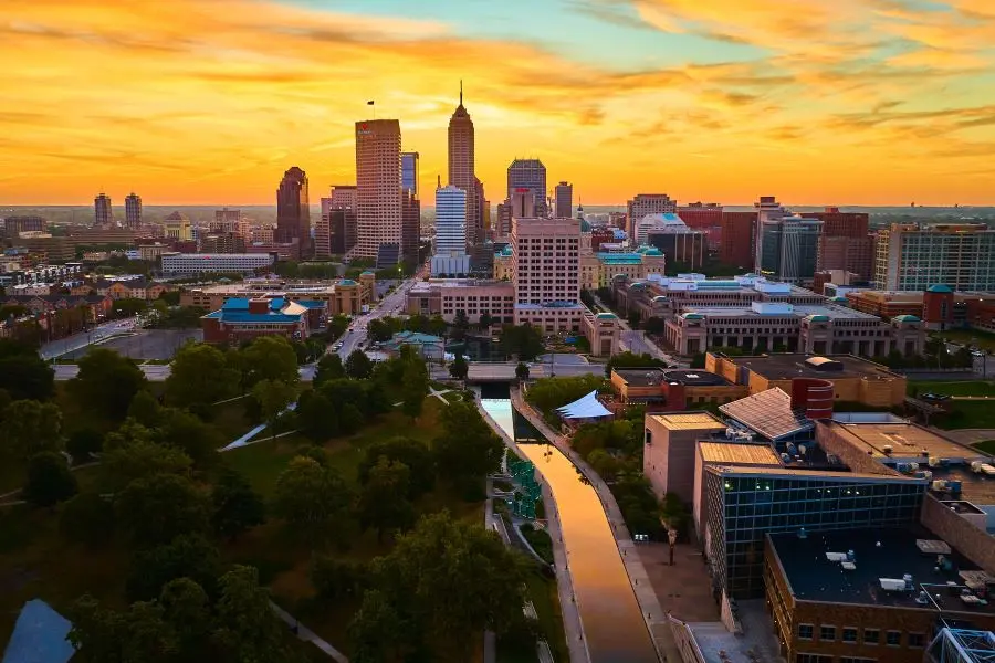 Indy skyline along the canal at sunrise