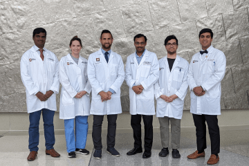 Pictured from left to right: Dr. Ganesh Mohan, Luci Hulsman, Dr. Al Hassanein, Dr. Mithun Sinha, Miguel Jorge, Dr. Shahnur Ahmed 2023 Hassanein lab group picture