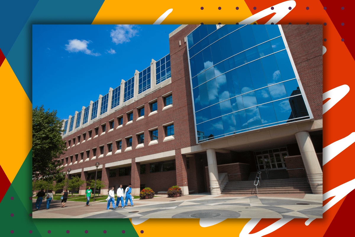 Students walk across the IU Indianapolis campus on a sunny day