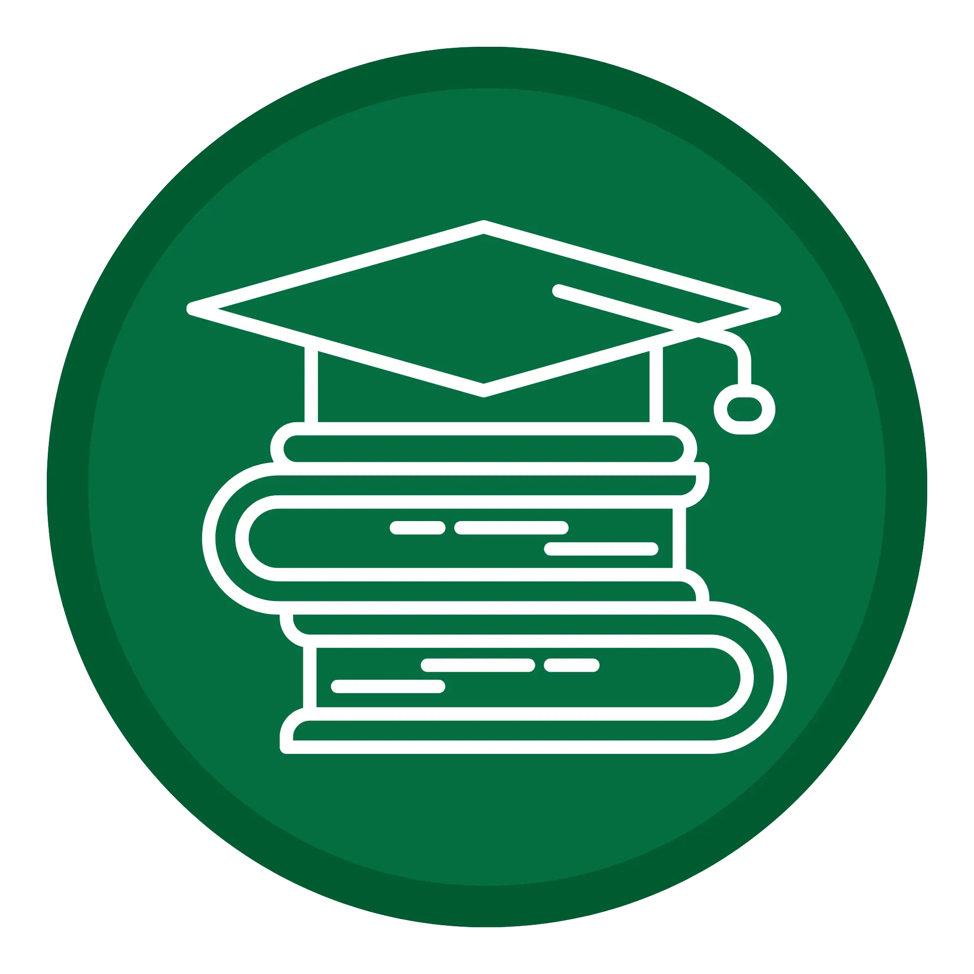 A green icon with a graduation cap and a stack of books.