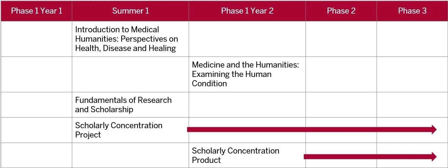 This table shows that the first and third topic specific course should be completed during the summer between first and second year of med school. The second topic specific course should be taken during phase one in year two. The two remaining courses, project and product, are longitudinal. The project can begin as soon as the summer between first and second year of med school, while the product should begin during phase one in year two and conclude on or before the end of fourth year.