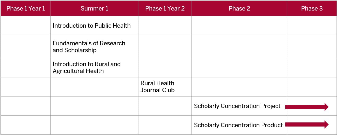 This table shows that the first three topic specific courses should be completed during the summer between first and second year of med school. The fourth topic specific course should be taken during phase one in year two. The two remaining courses, project and product, are longitudinal. The project and product should begin during phase two and conclude on or before the end of fourth year.