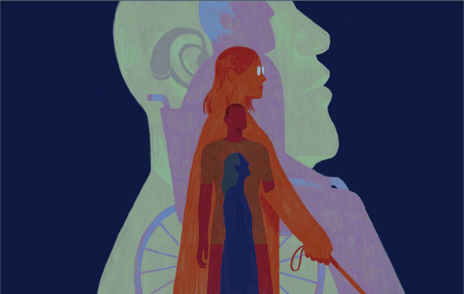 Colorful illustration of the silhouettes of multiple people with different abilities: a person with a hearing aid, a man in a wheelchair, a woman with glasses and a service dog, a person with a limb difference.