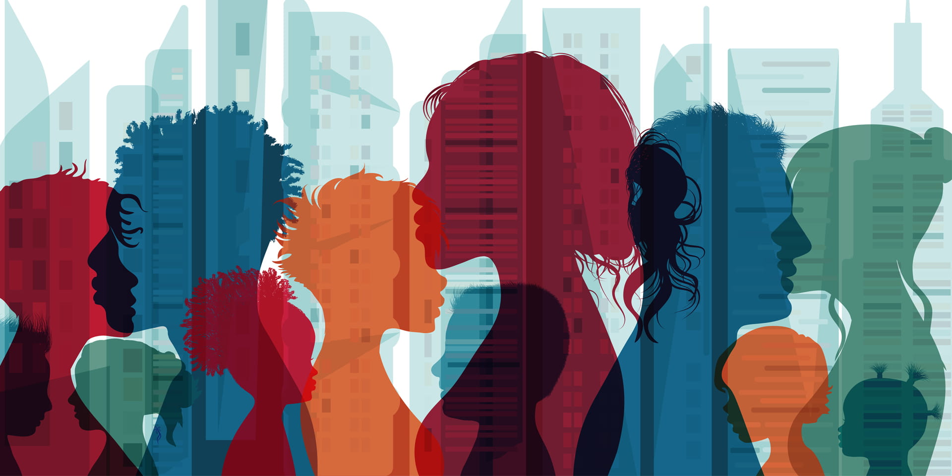 multi colored outlines of people's faces in front of a city skyline