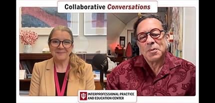 Two individuals with blurred faces featured in a “Collaborative Conversations” session, with Interprofessional Practice and Education Center branding.