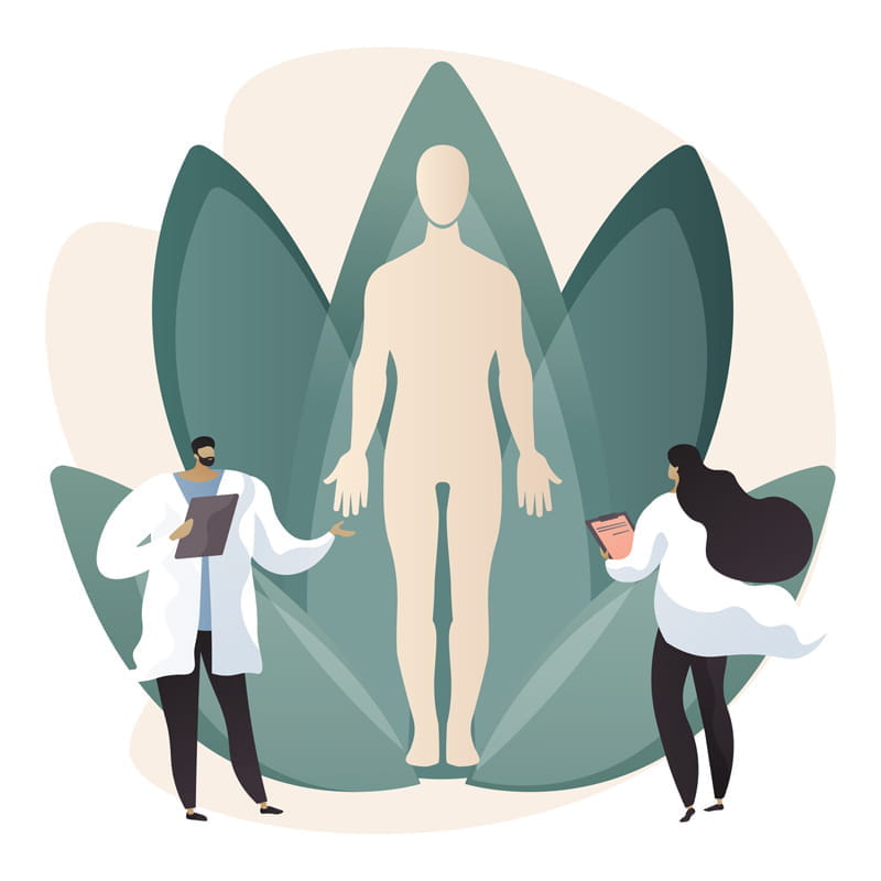 an illustration showing two doctors standing in front of a silhouette of a patient on a lotus flower
