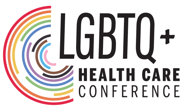 a rainbow circle with text on the right reading "LGBTQ+ health care conference"