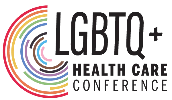 a rainbow circle with text on the right reading "LGBTQ+ health care conference"