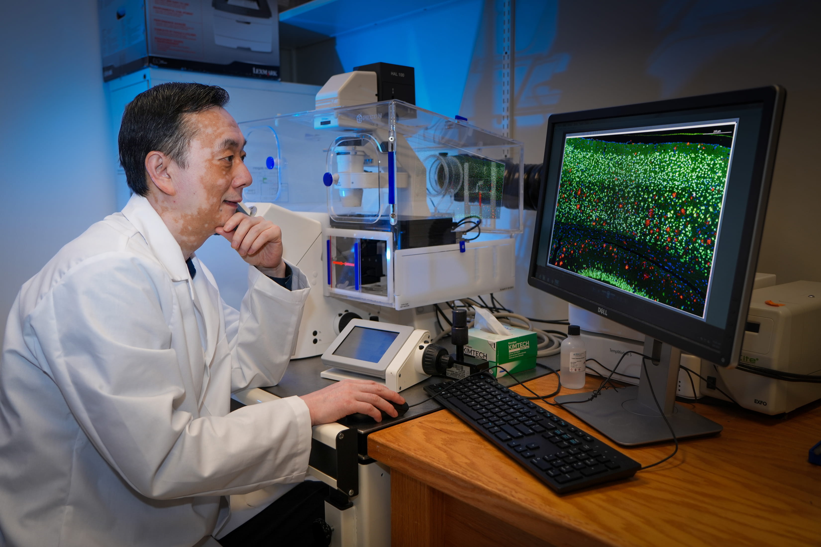 Dr. Gao looking at a computer