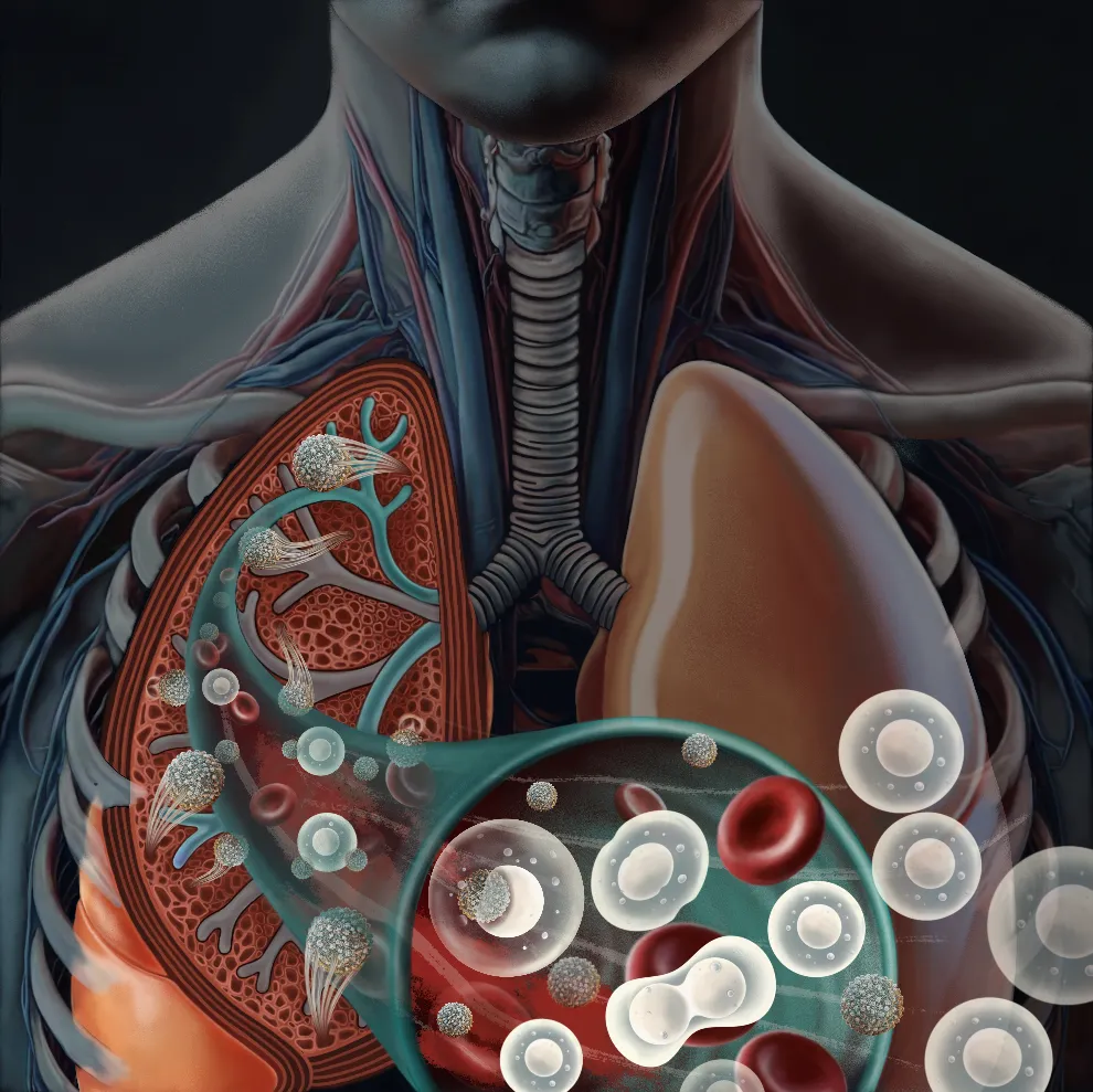 medical illustration of lungs and blood cells