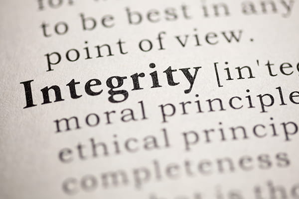 The word integrity shown on the page of a dictionary