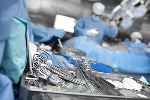Surgical tools on a tray in operating room