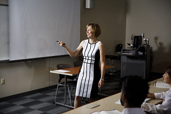 An instructor teaches in an IU School of Medicine Fort Wayne classroom