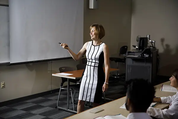 An instructor teaches in an IU School of Medicine Fort Wayne classroom