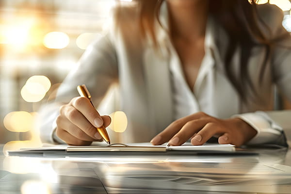 a woman writes on paper with a gold pen