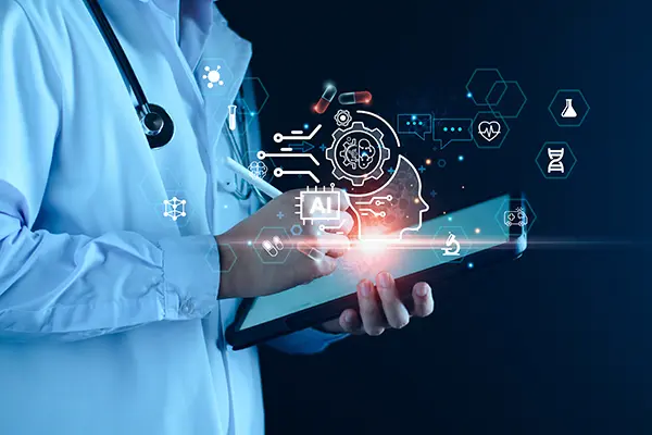 A stock image shows a physician holding an electronic tablet, surrounded by icons related to the use of artificial intelligence