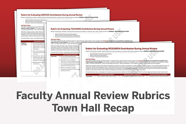 A dark red background is overlaid with partial screenshots of the three standardized rubrics, with text that reads, "Faculty Annual Review Rubrics Town Hall Recap"