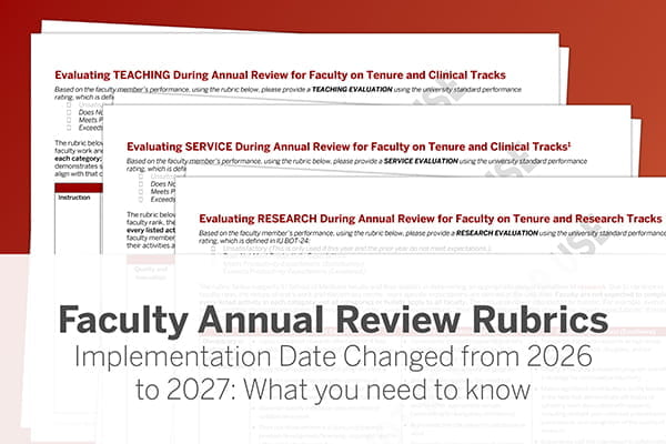 Partial screenshots of the three rubrics are shown, overlapping one another as if in a pile on a table. The text reads, "Faculty Annual Review Rubrics: Implementation Date Changed from 2026 to 2027: What you need to know"