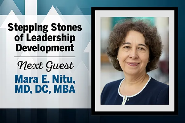A banner shows a headshot of Mara Nitu with the text: "Stepping Stones of Leadership Development. Next Guest: Mara E. Nitu, MD, DC, MBA"