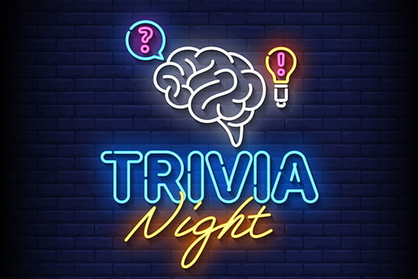 A dark blue, brick background has an image of a brain, question mark, lightbulb and exclamation point, as well as the words, "Trivia Night", with a neon-lights appearance.