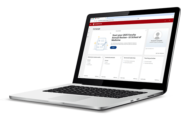 A laptop is shown with an open screen showing the home page of Elements online