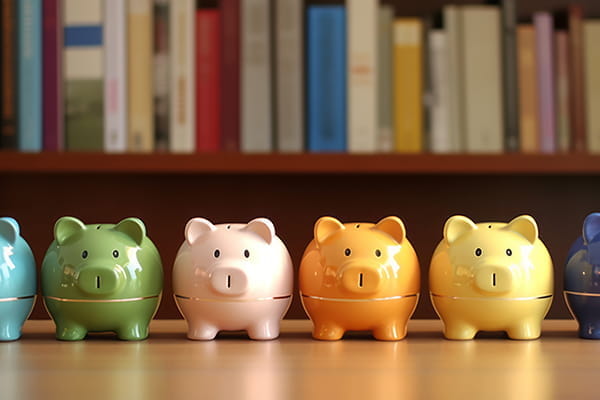 Piggy banks of various colors in front of a bookshelf